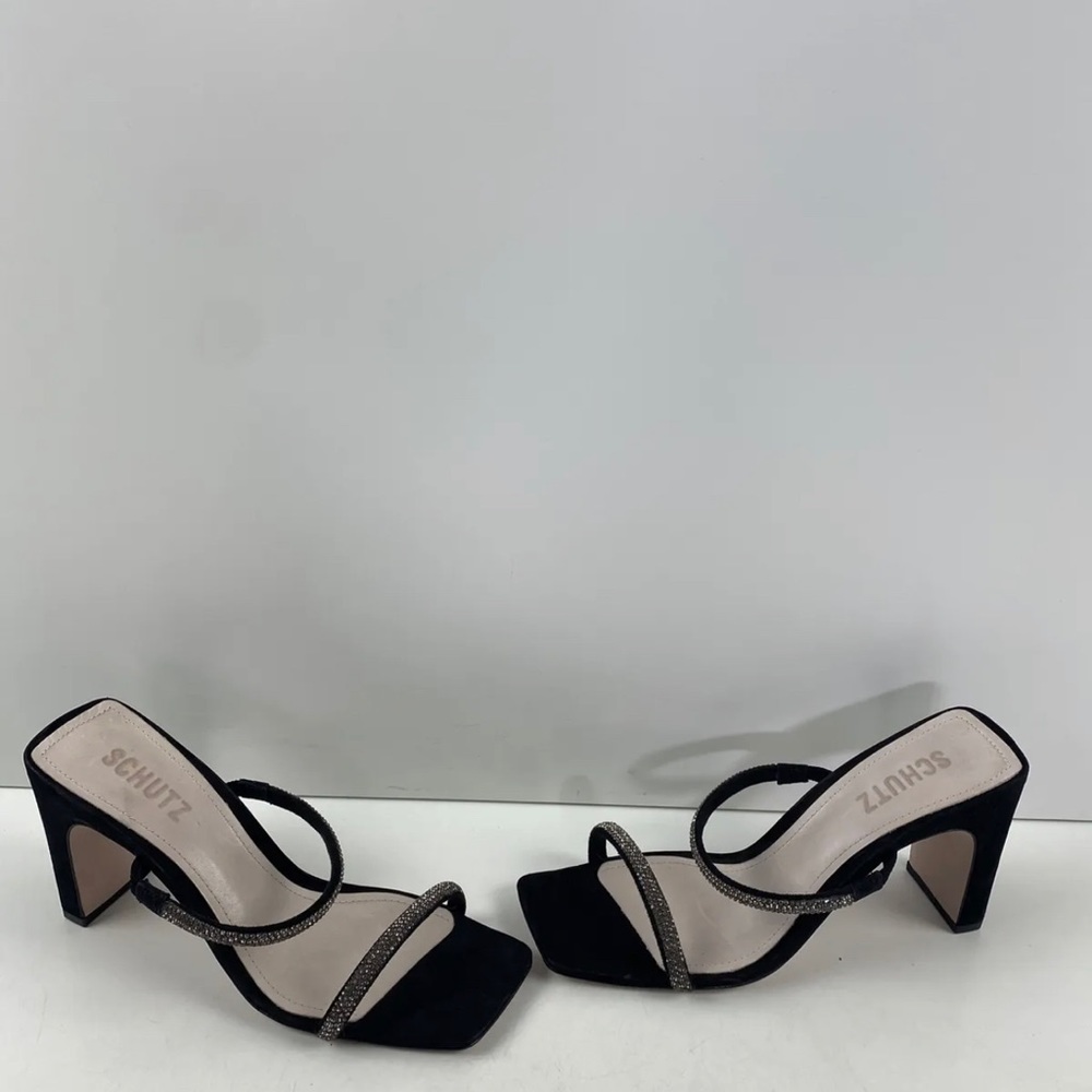 SCHUTZ Black Studded Suede Open Toe Slip On Block Heel Mule Sandals Size 7.5 B
